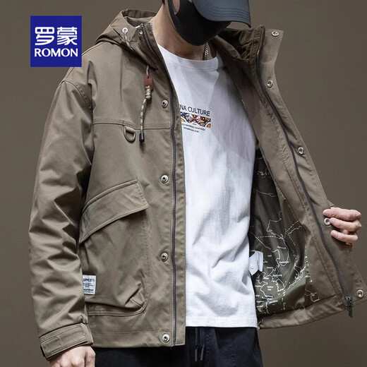 罗蒙夹克工装男士2025春秋季潮牌加厚男生大码棉衣男款冲锋衣连帽风衣 1502-1军绿色（加绒加厚） L (体重95-125斤)