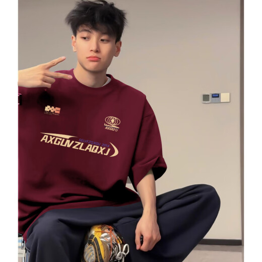 迪伽达美式复古潮流短袖t恤男春夏季高街纯棉重磅圆领宽松休闲半袖上衣 AKCM-K190藏青色 2XL