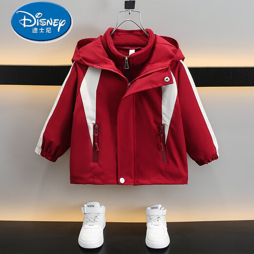 迪士尼（Disney）儿童冲锋衣外套三合一可拆卸男童秋冬装2025新款洋气宝宝女童棉衣 红色夹棉两件套 120 cm 【建议身高115cm左右】