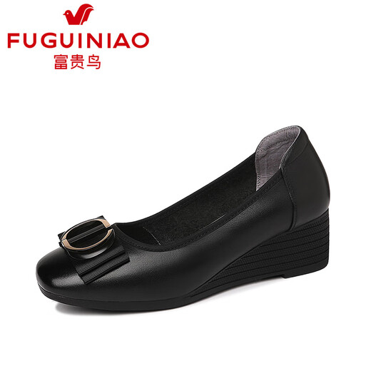 Fuguiniao first-layer cowhide single shoes for women 2024 spring new wedge heel women's shoes thick heel mom and grandma shoes soft sole soft leather shoes black 36