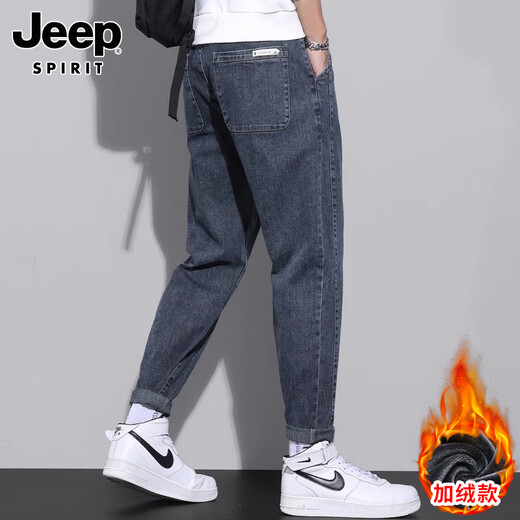 JEEP SPIRIT牛仔裤男士冬季2024新款修身小脚长裤潮牌休闲水洗裤子男 866蓝灰 加绒 33