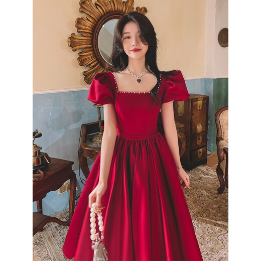 Sheng Miaoci toasting dress bride winter burgundy French style engagement and wedding can usually wear high-end light luxury evening dress skirt for women burgundy mid-length skirt length below the knee 3XL 130Jin Jin is equal to within 0.5 kg