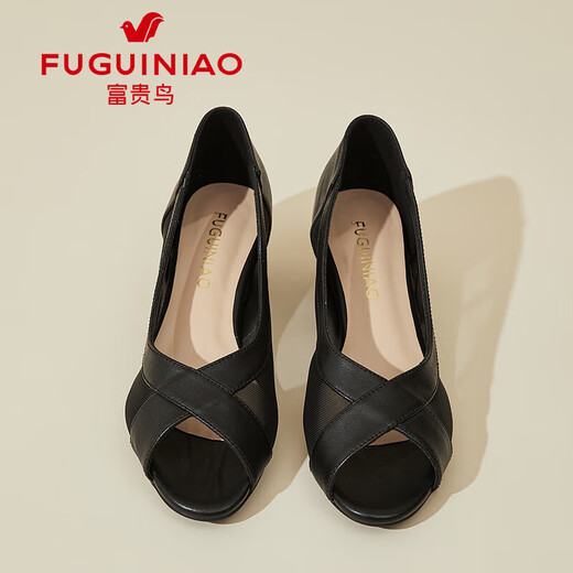 FuguiniAO Fish-billed Sandals for Women 2024 Summer New Top Cowhide Women's Shoes Mesh Thick Heel Single Shoes Mom's Shoes Black 34