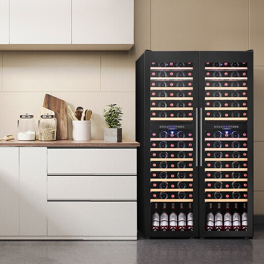 Bacchus wine cabinet with double doors, 150 bottles, thermostatic cabinet, home commercial, tea, sake, beer, champagne, whiskey, ice-cold bar cabinet, built-in wine storage, large living room, villa, full beech wood shelf model, 416L YC-208 air-cooled compressor, four temperature zones