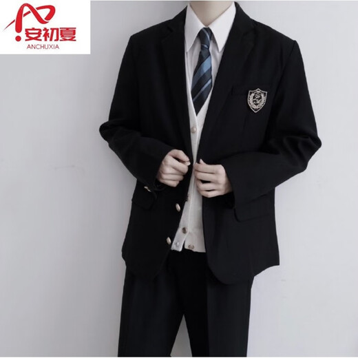 Anchu summer college style dk uniform suit suit loose and handsome spring and autumn jk student class uniform badge suit jacket W45 black suit + white long-sleeved shirt + tie + trousers XL + badge [recommended 120-140Jin [Jin equals 0.5 kg]]