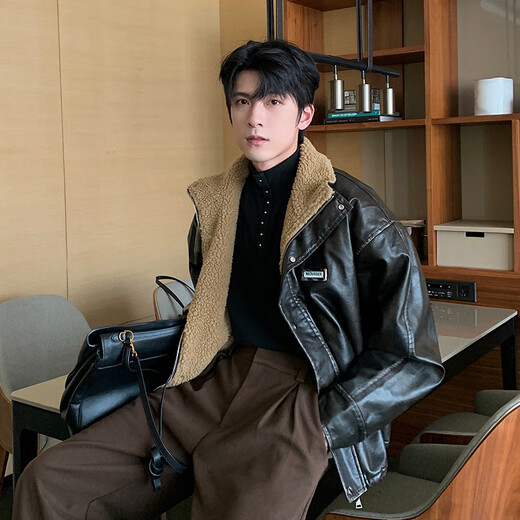 Maorong Xuanxuan hlds fashion show leather jacket men's winter velvet thickened fur body jacket men's black XL