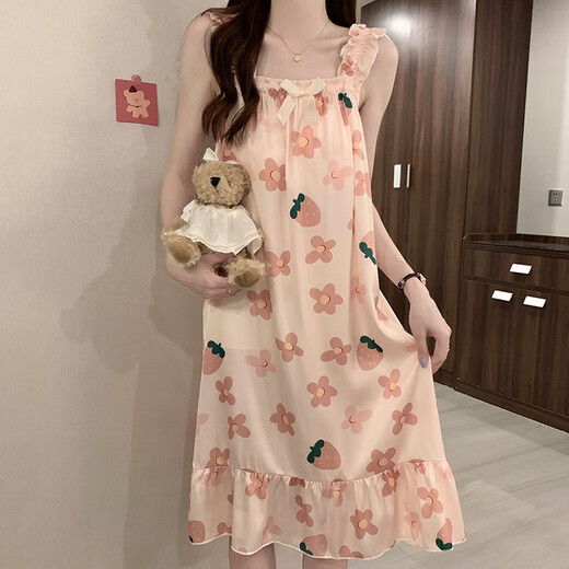 BEI YIFU Camisón para mujeres en verano con almohadilla de pecho de hielo de alta gama Pajamás de pijama de verano Damas dulces y lindas ropa para el hogar 1355#Flores rojas 2xl