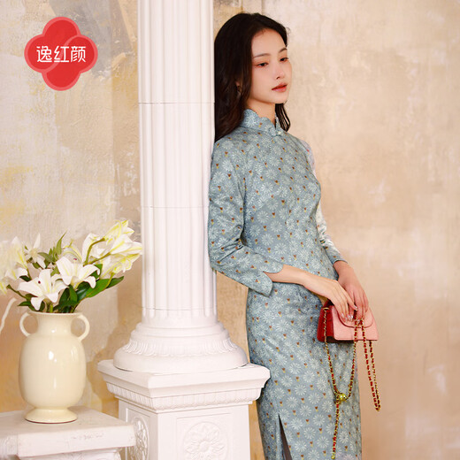 E.Beauty Tangya 2025 Autumn New Arrival Knitted Handmade Beading Improved New Chinese Style Daily Cheongsam for Women Aqua Blue L