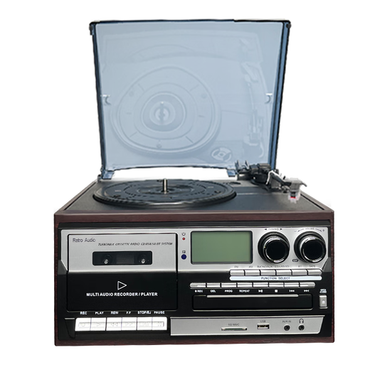 Heritage family tape player, vinyl CD all-in-one multi-functional antique tape player, vinyl record player, retro gramophone, Bluetooth audio, home living room ornaments, vinyl tape all-in-one machine, mahogany color (black and silver panel) + 4 vinyl (Package B)