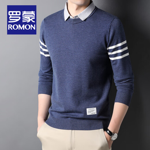 ROMON Light Luxury Fake Two-Piece Sweater Men's Shirt Collar Knitted Sweater Men's Autumn Thin Casual Loose Pullover Knitted Sweater Men's 748 Denim Blue 125/3XL