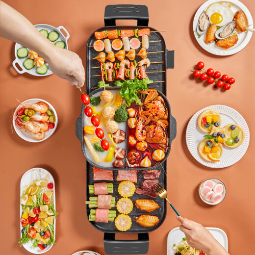 New cook Korean medical stone hot pot, shabu-shabu and grill all-in-one two-purpose pot, commercial smokeless skewers, electric grill, electric grill, household electric grill pan, non-stick barbecue plate, electric grill pan, extra large detachable upgraded version, Yuanyang 2-layer