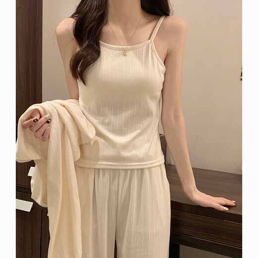 
Catman four-season pajamas for women pure cotton 2025 new pure and sweet style with chest pad simple blue three-piece set 831 mist blue chest pad removable XL Recommended 110-125Jin [Jin equals 0.5 kg]