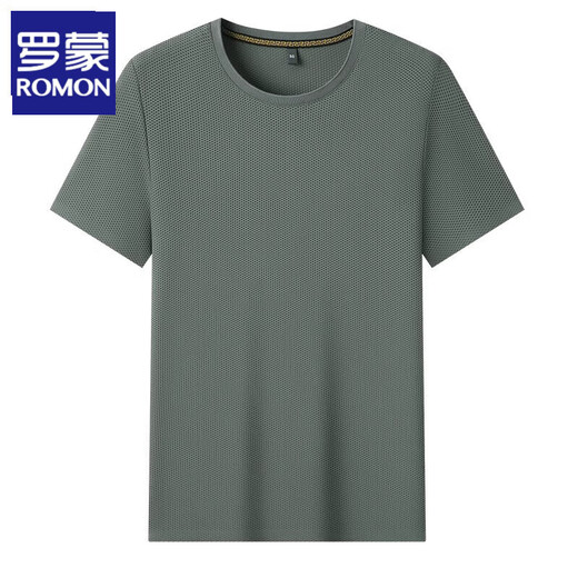 
ROMON breathable mesh round neck short-sleeved T-shirt men's summer cool ice silk top casual solid color half-sleeved T-shirt 6188 gray-green XL 175 [recommended 140-155Jin [Jin equals 0.5 kg]]