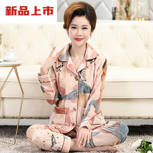 莫代尔中老年人妈妈珊瑚绒睡衣女秋冬季加厚保暖大码海岛绒法兰绒家居服 Y9227 XL