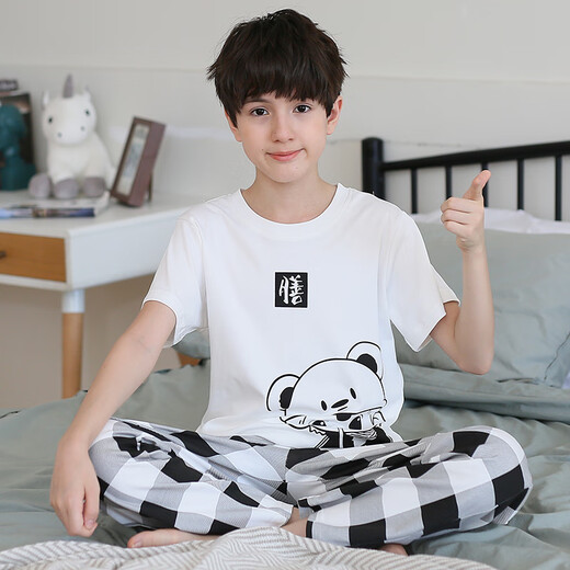 曼妮朵睡衣男童夏季新款短袖长裤男孩大童春秋青少年纯棉儿童空调家居服 N9901【短长】 165cm L码建议160-165cm