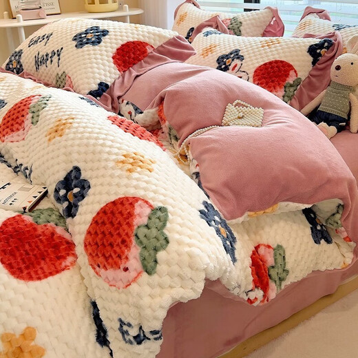 Jingzuo Doudou Coral Fleece Four-Piece Set Milk Fleece 2023 New Winter Falla Fleece Duvet Cover Bedding Three-Piece Set R Velvet Strawberry Rabbit (Doudou Fleece Soft and Comfortable) 0.9m Dormitory Bed (Bedsheet Three-Piece Set) Suitable for 15