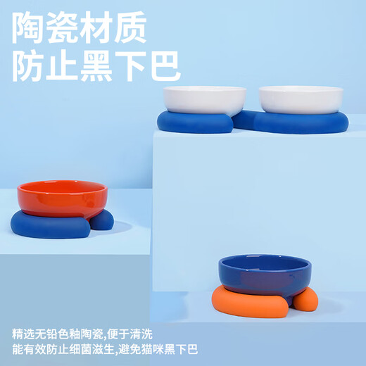ZEZE Cat Bowl Ceramic Pet Bowl Protects Cervical Vertebra Dog Bowl Anti-Tip Over Cat Food and Drinking Water Double Bowl Pet Supplies White + Blue (Double) Cat Food and Water Bowl Universal