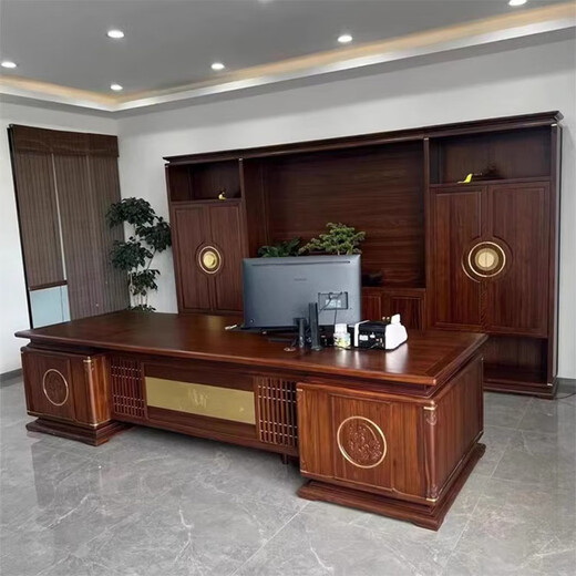 Ningqiu Luoge (NICHLORT) new Chinese style office boss desk, chair and cabinet combination ebony wood executive desk president manager chairman golden sandalwood solid wood 2.4m boss table golden sandalwood