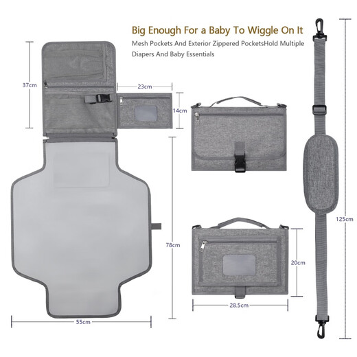 Jingmengyuan Baby Portable Diaper Pad Outdoor Travel Diaper Bag Diaper Changing Mat Changing Pad Waterproof Baby Diaper Bag Gray with Shoulder Strap