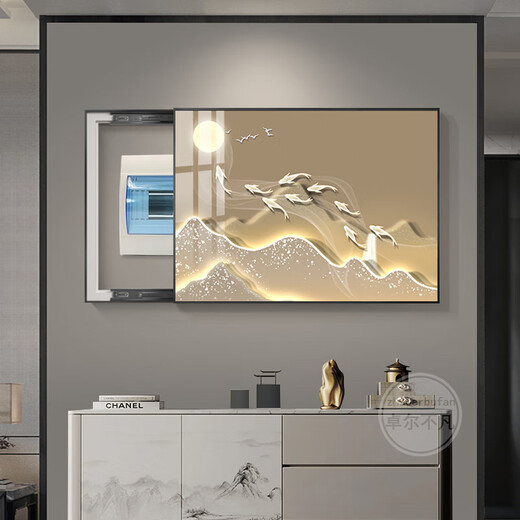 耀世佳画背有靠山电表箱装饰画遮挡轻奢山水配电箱挂画奶油风电闸盒子壁画 T9197 50*40cm(遮挡40*30)右推拉黑框