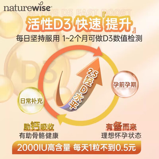 naturewise活性维生素D3阳光瓶90粒 25羟基维他命vd3成人男女备孕 阳光瓶2000iu 90粒