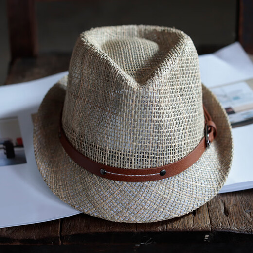 Tochino top hat men's spring and summer natural grass sunshade top hat middle-aged and elderly large head circumference outdoor sun protection casual hat trendy coffee ribbon regular size M (55-57.5cm)