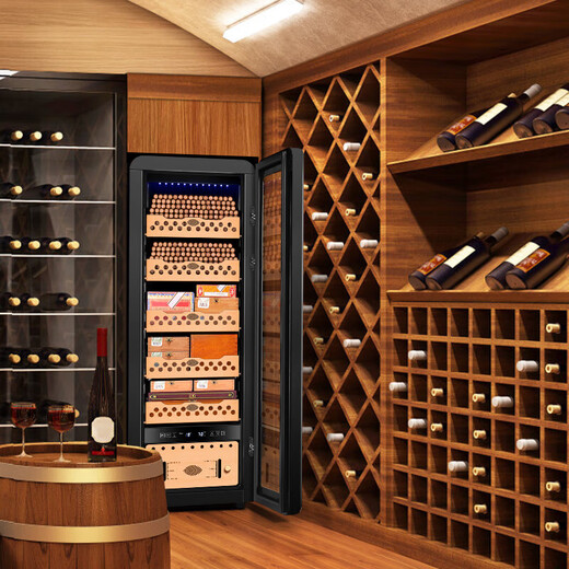 CIGARLOONG 78HC cigar cabinet with constant temperature and humidity, cedar wood shelf, naked maintenance, creative European curved design, air-cooled cigar cabinet, constant temperature and humidity control, cigar cultivation, household cigar humidifier, 78HC black cedar wood shelf + curved + constant temperature and humidity cigar cabinet