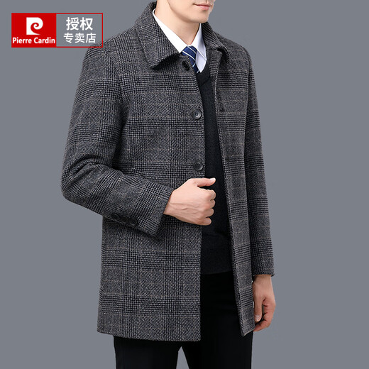 Pierre Cardin cold-proof and warm double-sided wool coat for men, medium-length down lining, middle-aged woolen woolen coat, winter plaid, gray L 175/92A