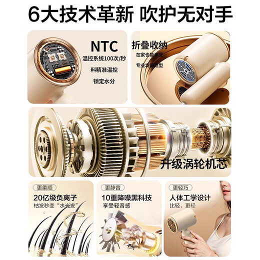 RURE Germany Negative Ion Care Hair Dryer Foldable Hair Dryer Home Light Sound High Power Negative Ions Does Not Hurt Hair Dormitory Students Portable Quick Drying Hair Dryer Top Model Blue Light Hair Care + 2 Billion Negative Ions + 2200W Khaki