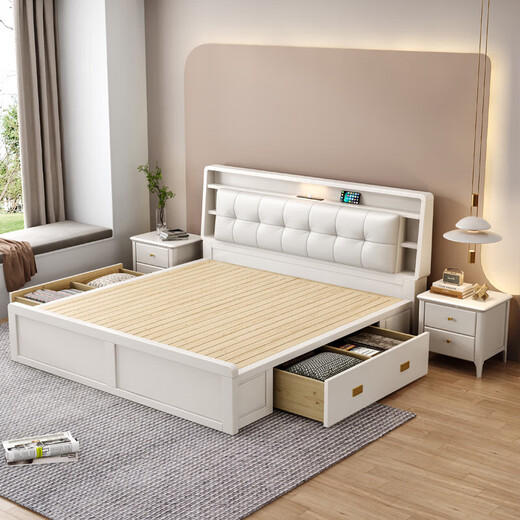 Yu Feiqi Nordic Solid Wood Bed Double Bed Modern Simple High Box Night Light Storage Charging Bed 9902# Bed + Latex Brown Pad [Comfortable Latex] 1.8*2.0m (High Box with Tail Draw)