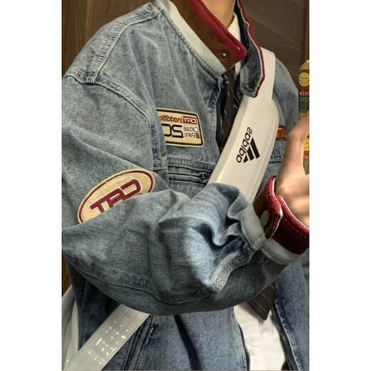Poke American Motorcycle Denim Jacket Men's Spring and Autumn New High Street Fashion Brand Label Retro Loose Casual Jacket Blue XL 135-150Jin Jin is equal to 0.5 kg