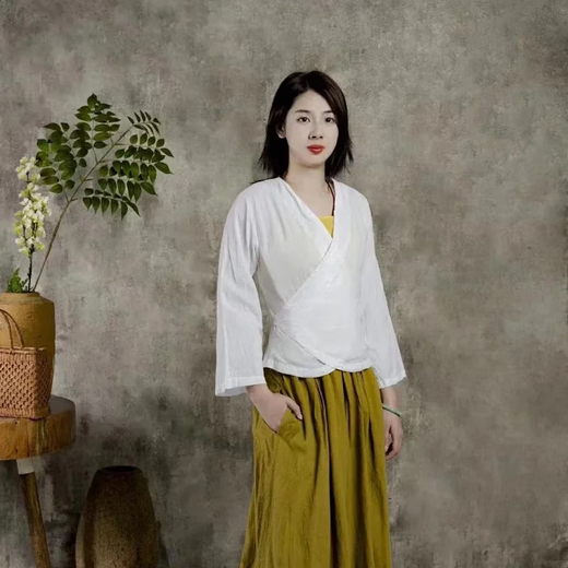 照本堂女装国风汉服茶人服饰新款40支新裾长衣W12142 青柠 s