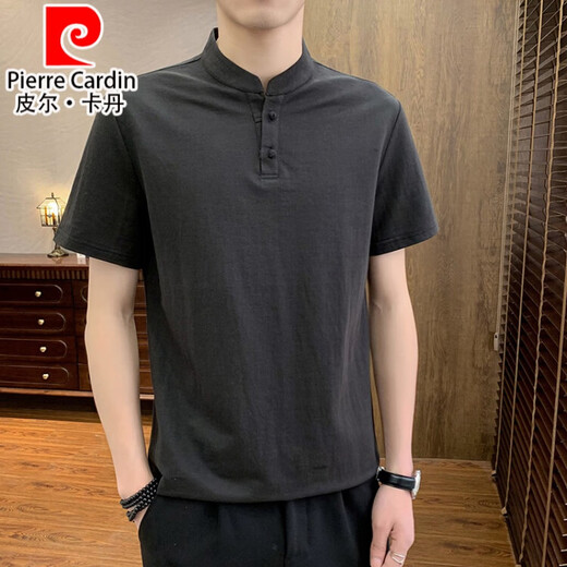 皮尔卡丹（pierre cardin）棉麻短袖t恤男夏季立领新中式polo汗衫潮牌男款中国风亚麻半袖 绿色 4XL