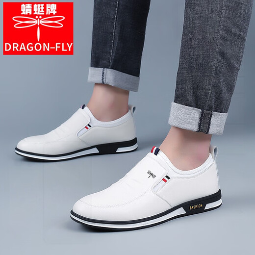 Dragonfly Brand Genuine Leather White Men's Shoes Men's Leather Shoes Men's Business Casual Korean Style Invisible Heightening Shoes Versatile Soft Sole Shoes White - Heightening Style 41