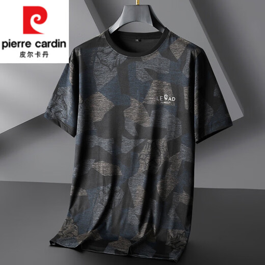 皮尔卡丹（pierre cardin）加肥加大T恤男夏季宽松大码圆领冰丝凉感胖子迷彩短袖打底衫 2603蓝色 5XL