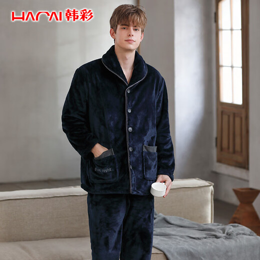 Hancai Pajamas Men's Flannel Autumn and Winter Plus Velvet Thickened Cardigan Couple Coral Velvet Men's Home Clothing Set Black Zhangqing 2XL