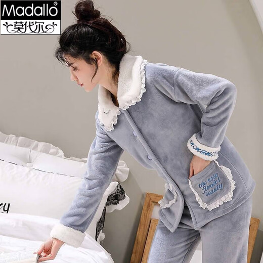 莫代尔睡衣女秋冬季法兰绒睡衣中老年加厚珊瑚绒长袖休闲家居服套装大码 FLK9214豆沙白花边 XL (120-130斤）