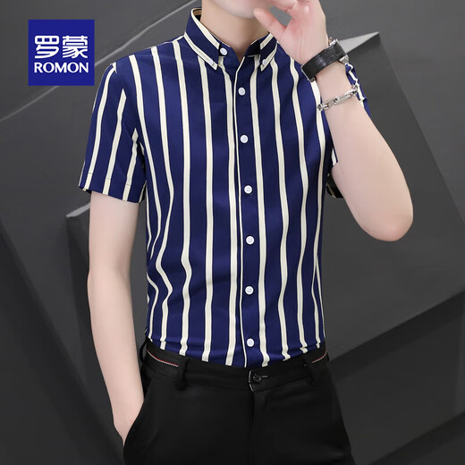 
Romon ice silk short-sleeved shirt men's summer cool feeling, no ironing, anti-wrinkle business casual slim half-sleeved shirt top white thin strip XL