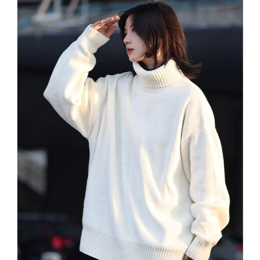 POUM turtleneck sweater for men and women, spring and autumn loose knitted sweater for men, retro lazy solid color bottoming shirt SM-003 white XL recommended 110-140Jin Jin equals 0.5 kg