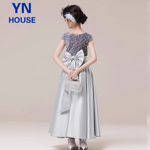 衣诺坊儿童礼服女童长裙演出服主持人表演舞蹈裙 灰色：缎摆长裙 140cm