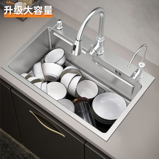 Jiumuwang Küchenpistole grauer Nano Sus304 Edelstahl handgefertigtes Waschbecken großer Tank -Tank -Tisch -Mittel -Tisch -Schüssel Waschbecken [Picking Faucet Luxury Package] Silber 680x450mm