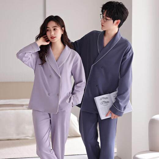 Victoria style couple pajamas for women, autumn pure cotton long sleeves, one man and one woman, couple home wear, can be worn outside, spring and autumn casual suit, female 8691 purple L