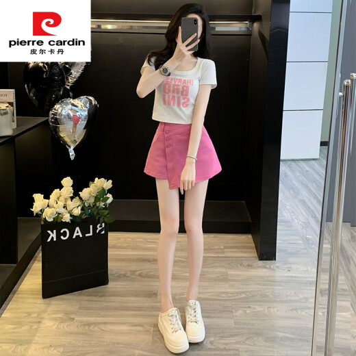 皮尔卡丹（pierre cardin）粉色排扣装饰休闲牛仔短裤女高腰显瘦假两件包臀裤裙短上衣两件套 7029白色上衣+7028玫红牛仔裙 S