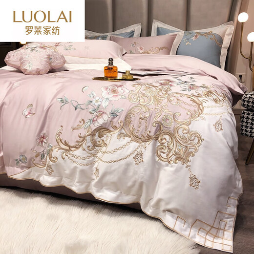 LOVO Luolai Home Textiles' high-end 140s cotton Egyptian long velvet cotton tribute satin four-piece set Pure cotton American light luxury lily of the valley - pink seven-piece set Pillow + cushion sheet style can be returned and replaced 1.5 meters bed (suitable for 2007