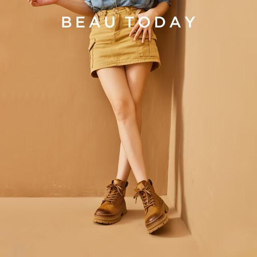 BEAUTODAY英伦风马丁靴女靴2025新款工装短靴厚底大黄靴复古增高真皮靴子女 黄色 36
