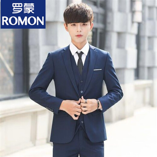 罗蒙（ROMON）生成人礼服西装男生套装西服套装男士五件套韩版修身小西装马 黑色西服+裤子+衬衫 L 110-125斤
