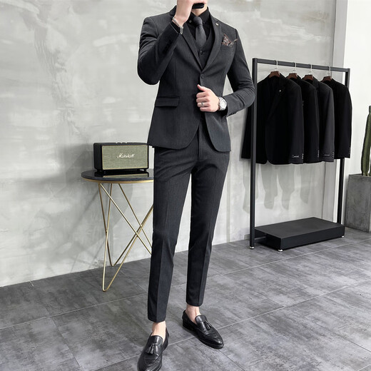 AYOUPANG large size suit suit male groom groomsman wedding dress business commuting workwear professional interview slim suit black single suit L 120-130Jin Jin is equal to 0.5 kg
