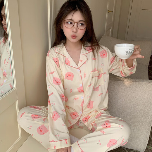 
REJIP spring and autumn pajamas women cute cartoon cardigan ins princess style long sleeve trousers loose thin home clothing set 9227 M[80-100Jin[Jin equals 0.5 kg]]