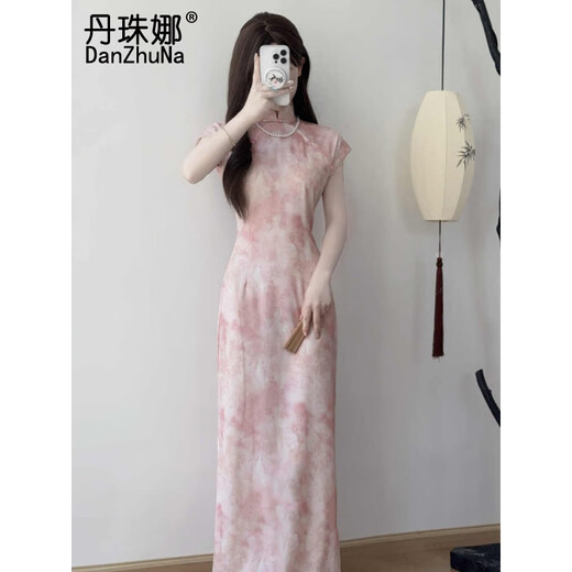 
DanZhuNa new Chinese dress women's 2025 summer new style improved national style girl cheongsam modified skirt summer 9710 pink cheongsam (no accessories) M