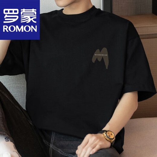 罗蒙（ROMON）260g美式重磅t恤男短袖纯棉圆领上衣服夏季潮流宽松全棉半袖体恤 M09-694黑色 M 【100-120斤】